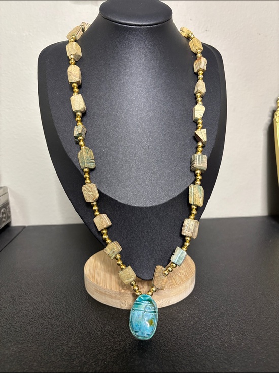 Source Unknown Jewelry - Handcrafted Scarab Blue-Green Stone Pendant Necklace with Gold Beads